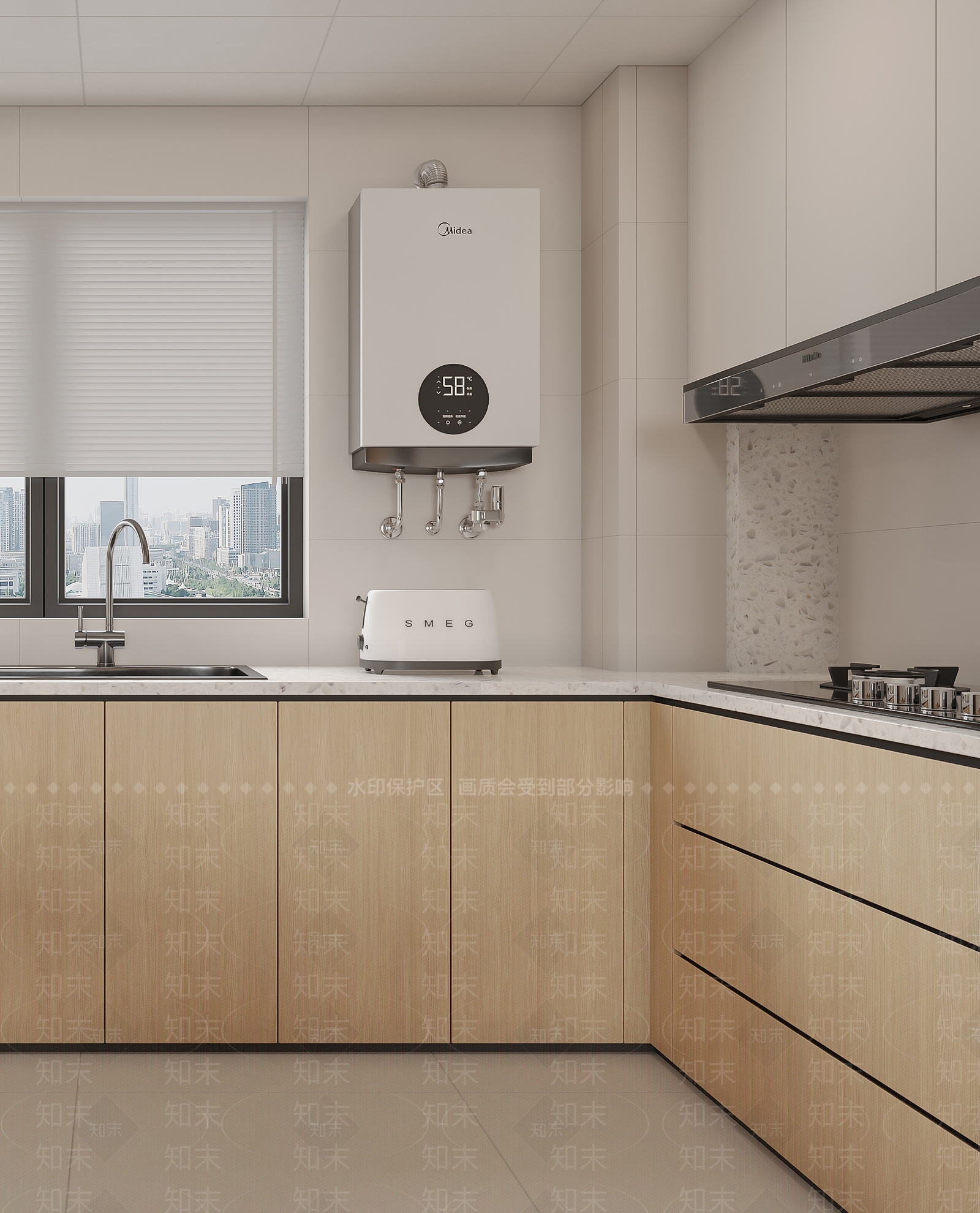 现代奶油开放式厨房3D模型下载【ID:1201531151】