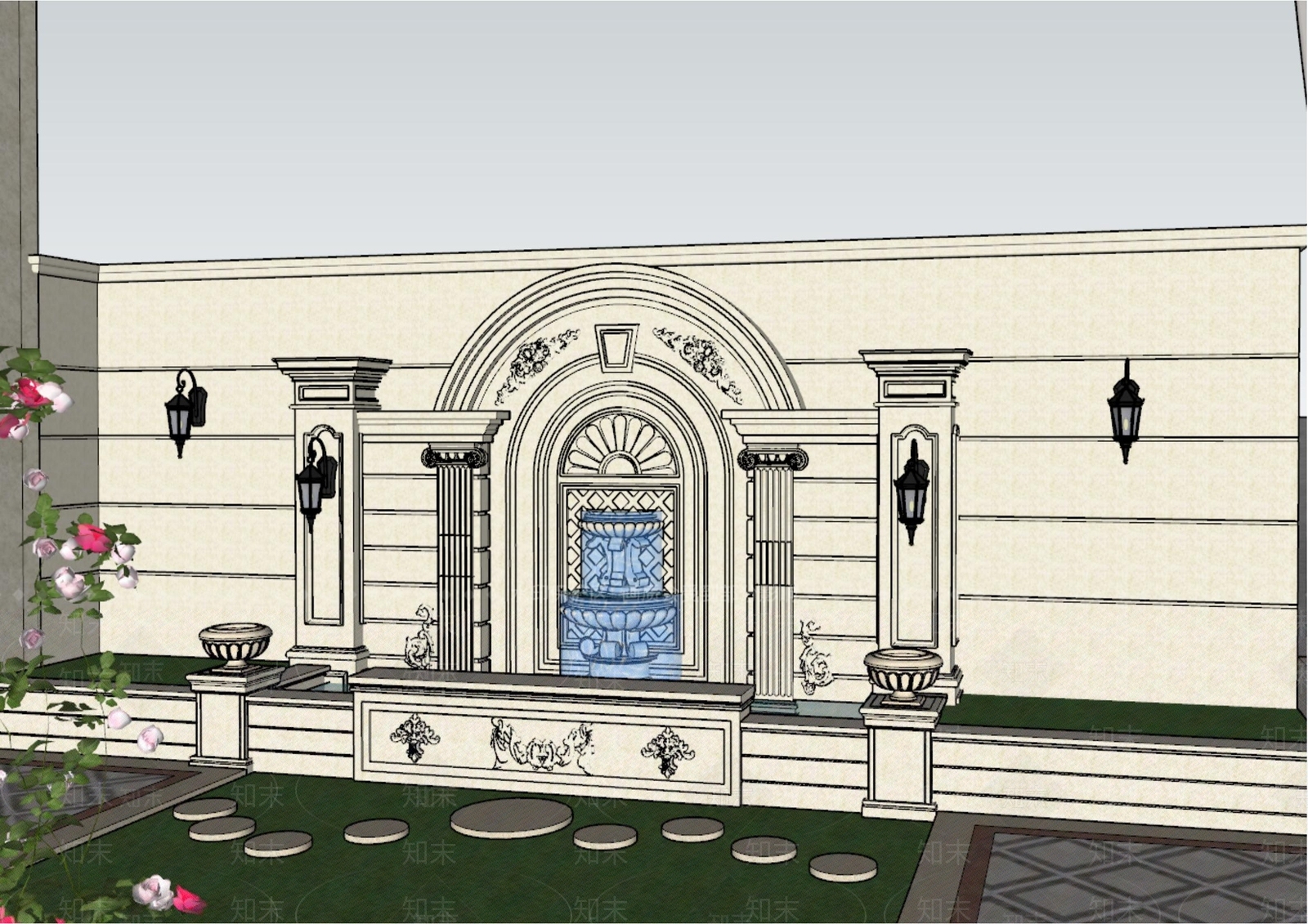 法式欧式景观水墙SU模型下载【ID:1201550937】