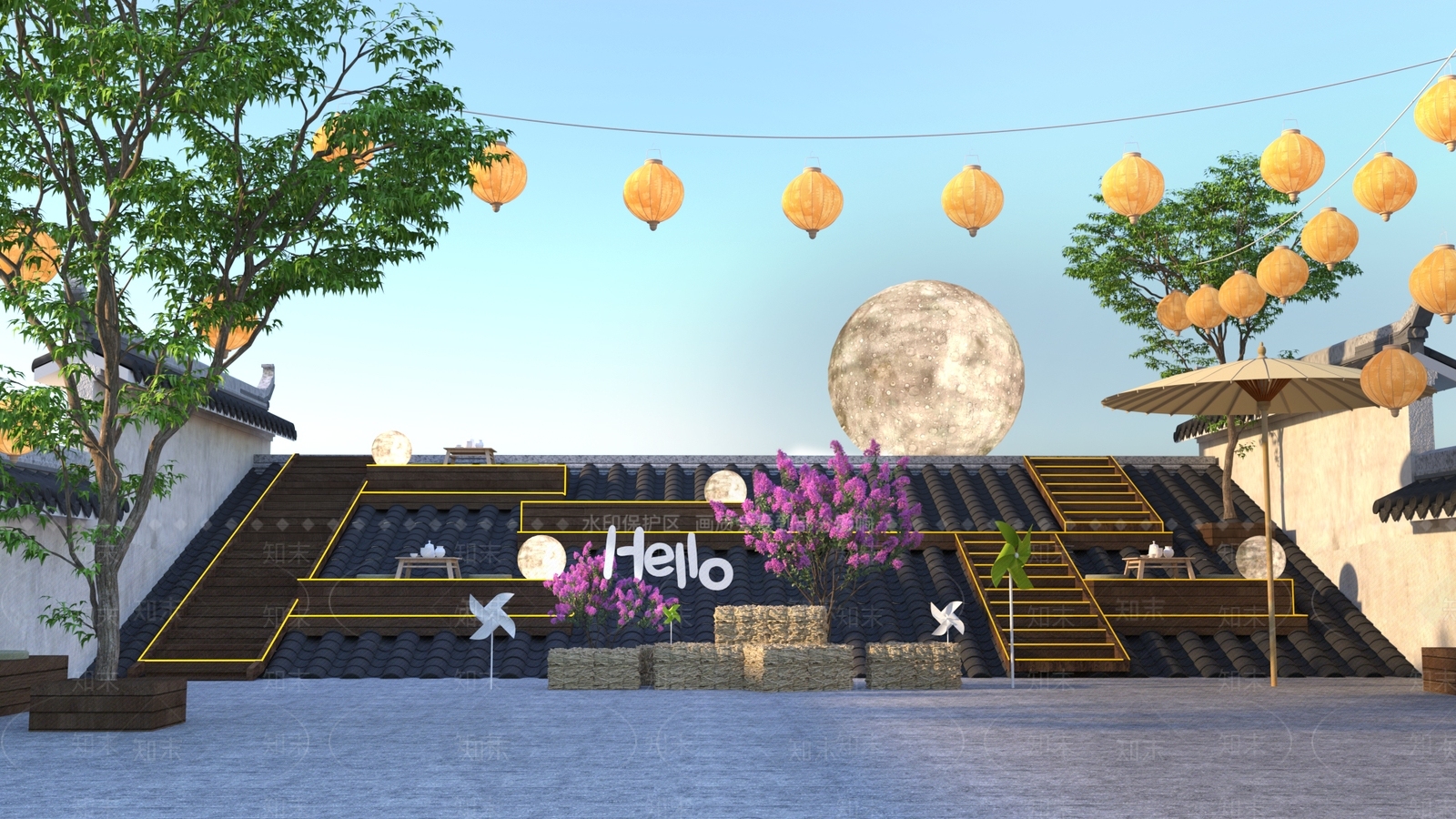 新中式现代屋顶花园3D模型下载【ID:1201606889】