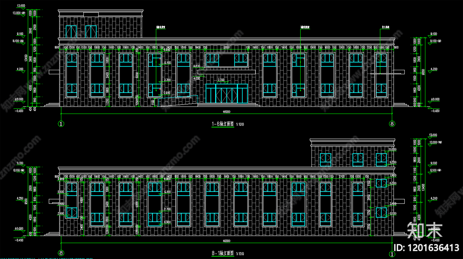 现代新中式办公楼建筑cad施工图下载【ID:1201636413】