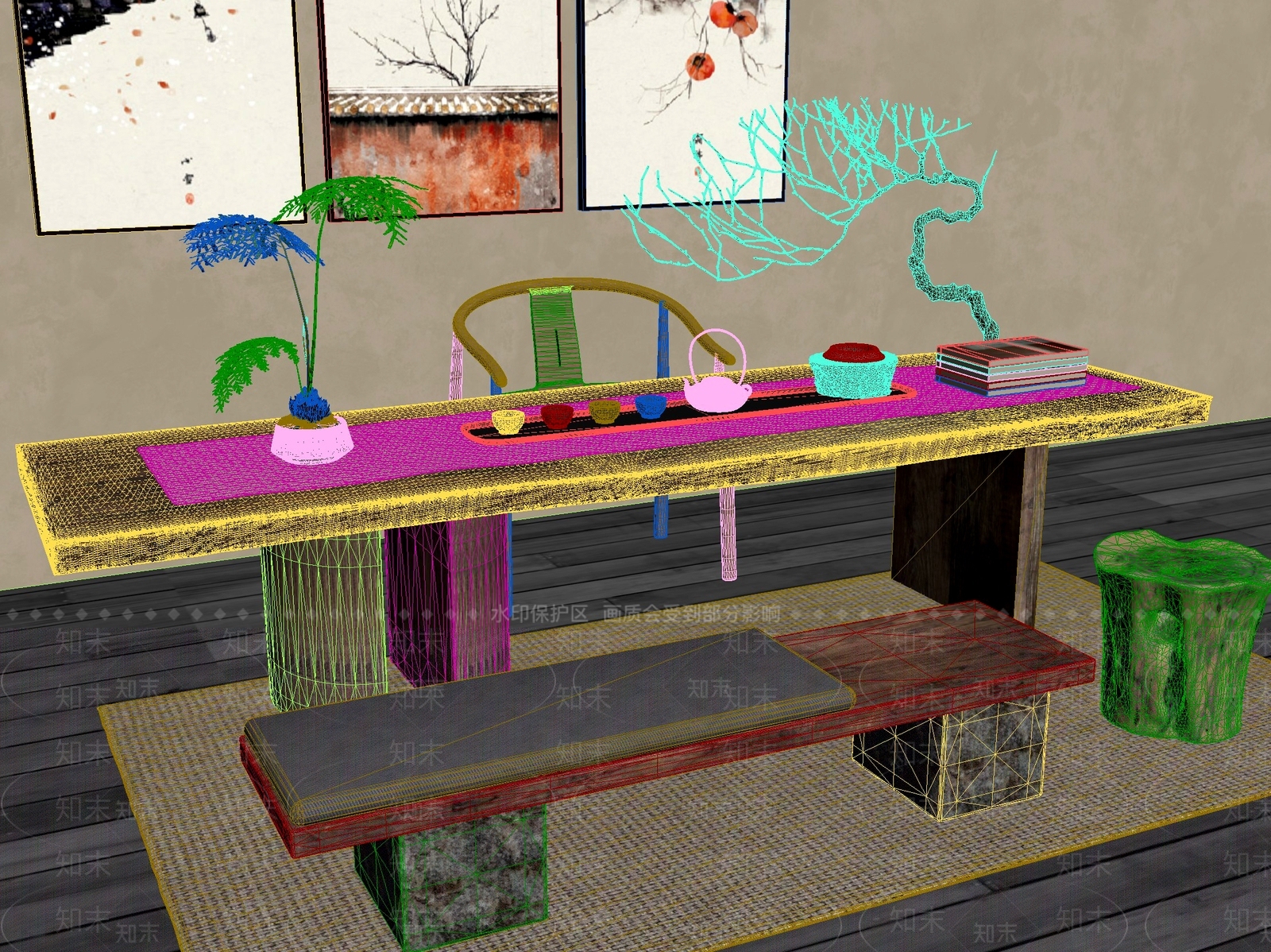 新中式中式茶桌椅3D模型下载【ID:1201636717】