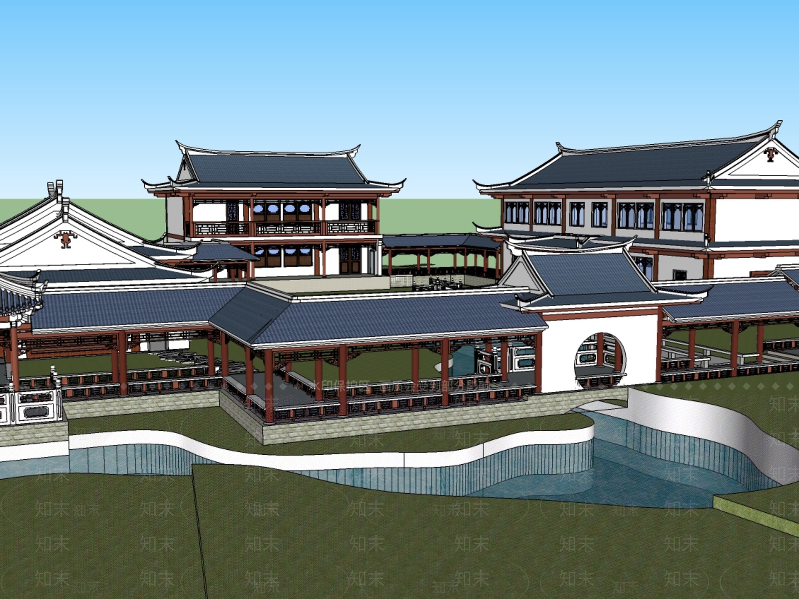 新中式中式古建筑SU模型下载【ID:1201664121】