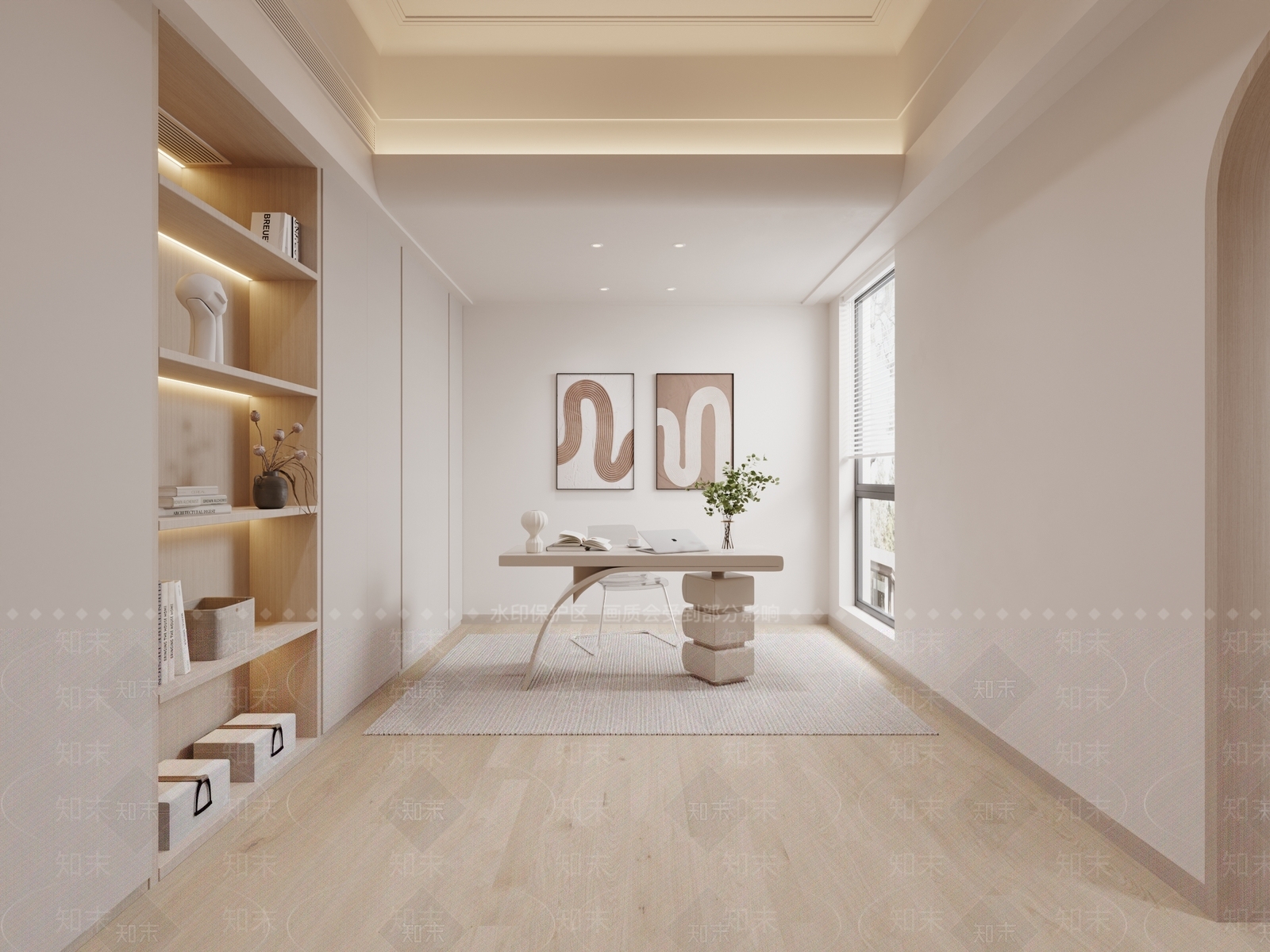 现代奶油书房3D模型下载【ID:1201729232】