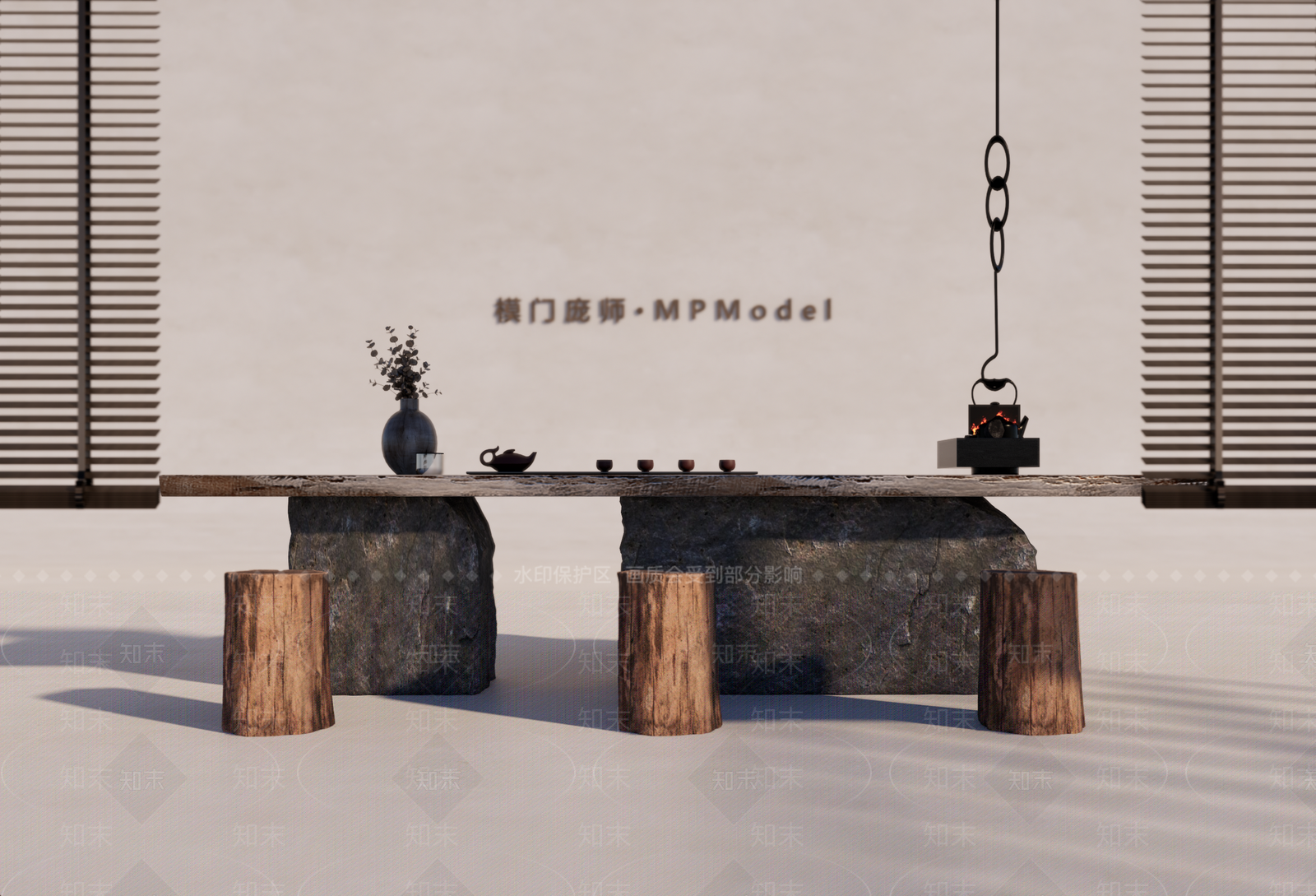 日式复古餐桌SU模型下载【ID:1201743570】