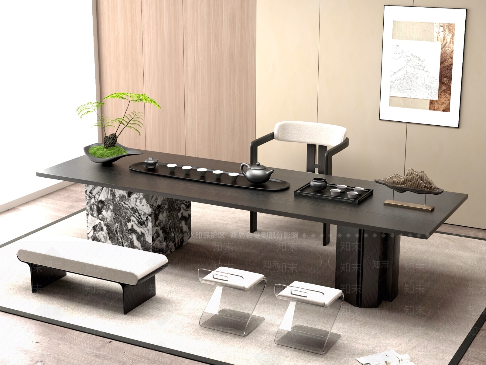 新中式中式茶桌椅3D模型下载【ID:1201762779】