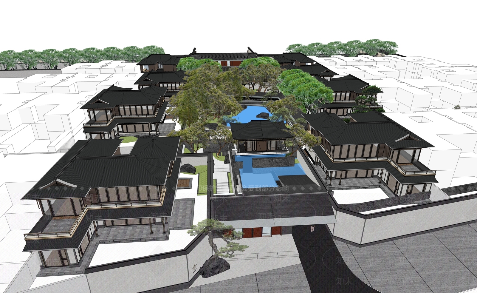 新中式酒店建筑SU模型下载【ID:1201788722】