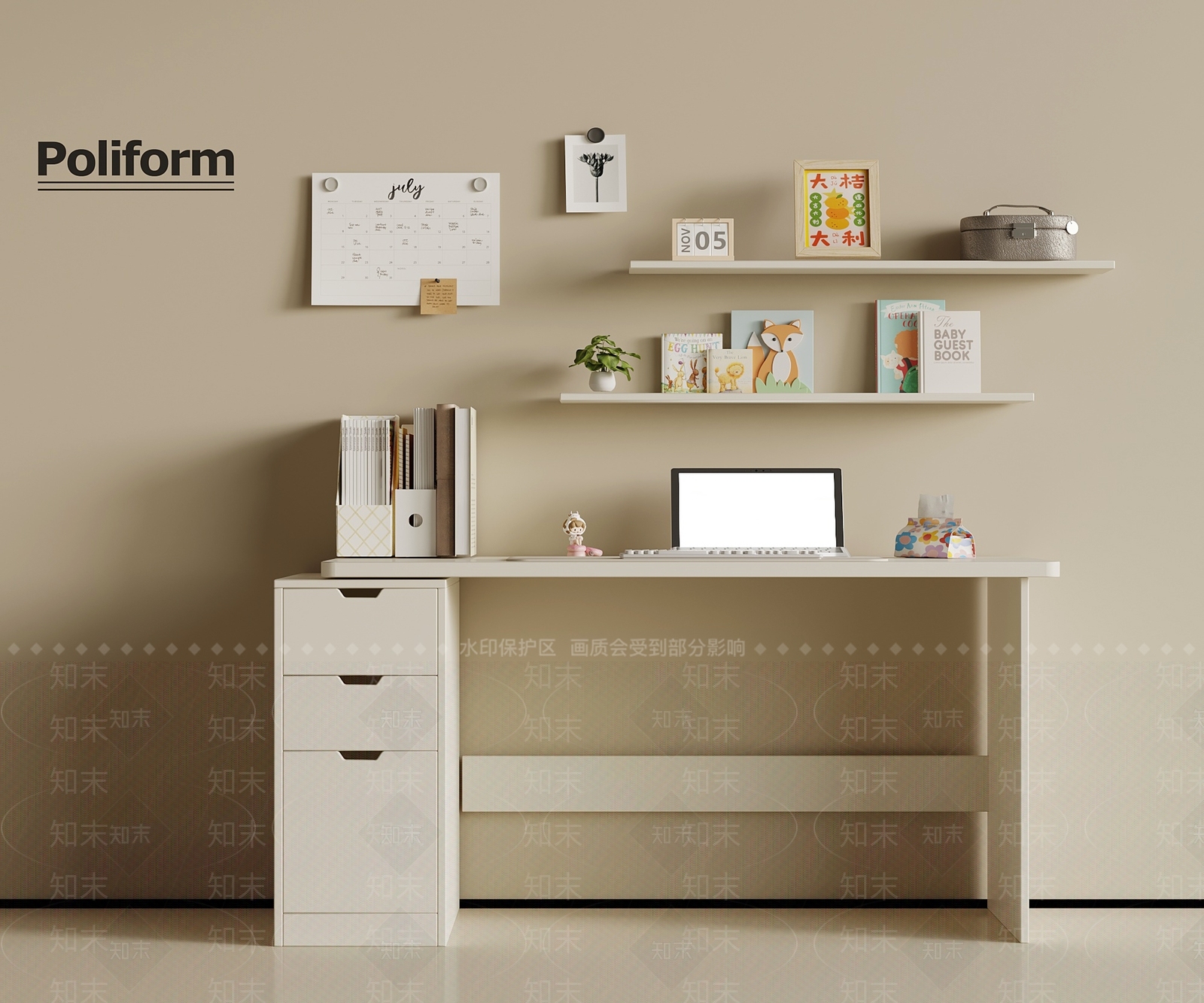 现代奶油书桌3D模型下载【ID:1201789146】