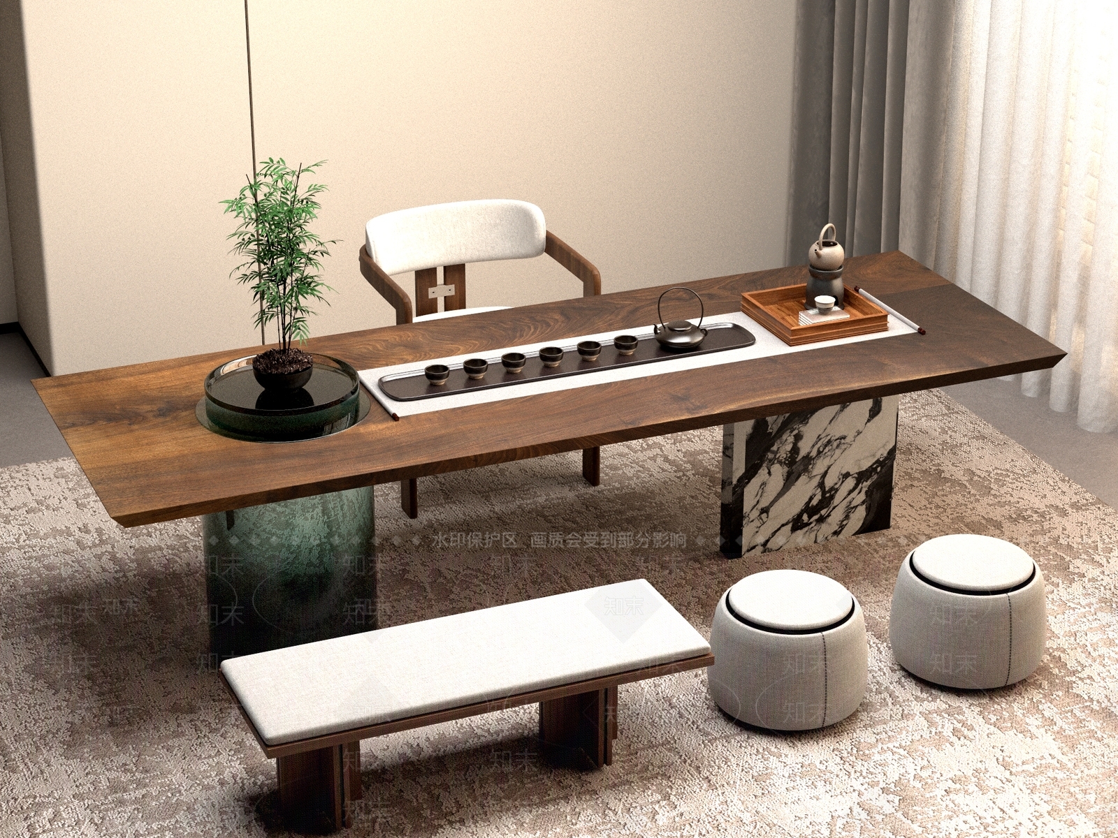 新中式中式茶桌椅3D模型下载【ID:1201801830】