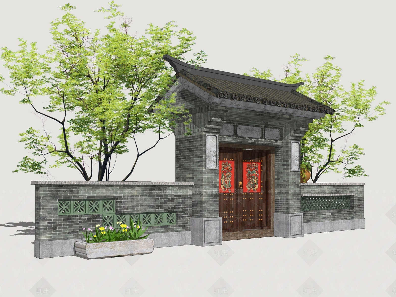 新中式庭院门SU模型下载【ID:1201802871】