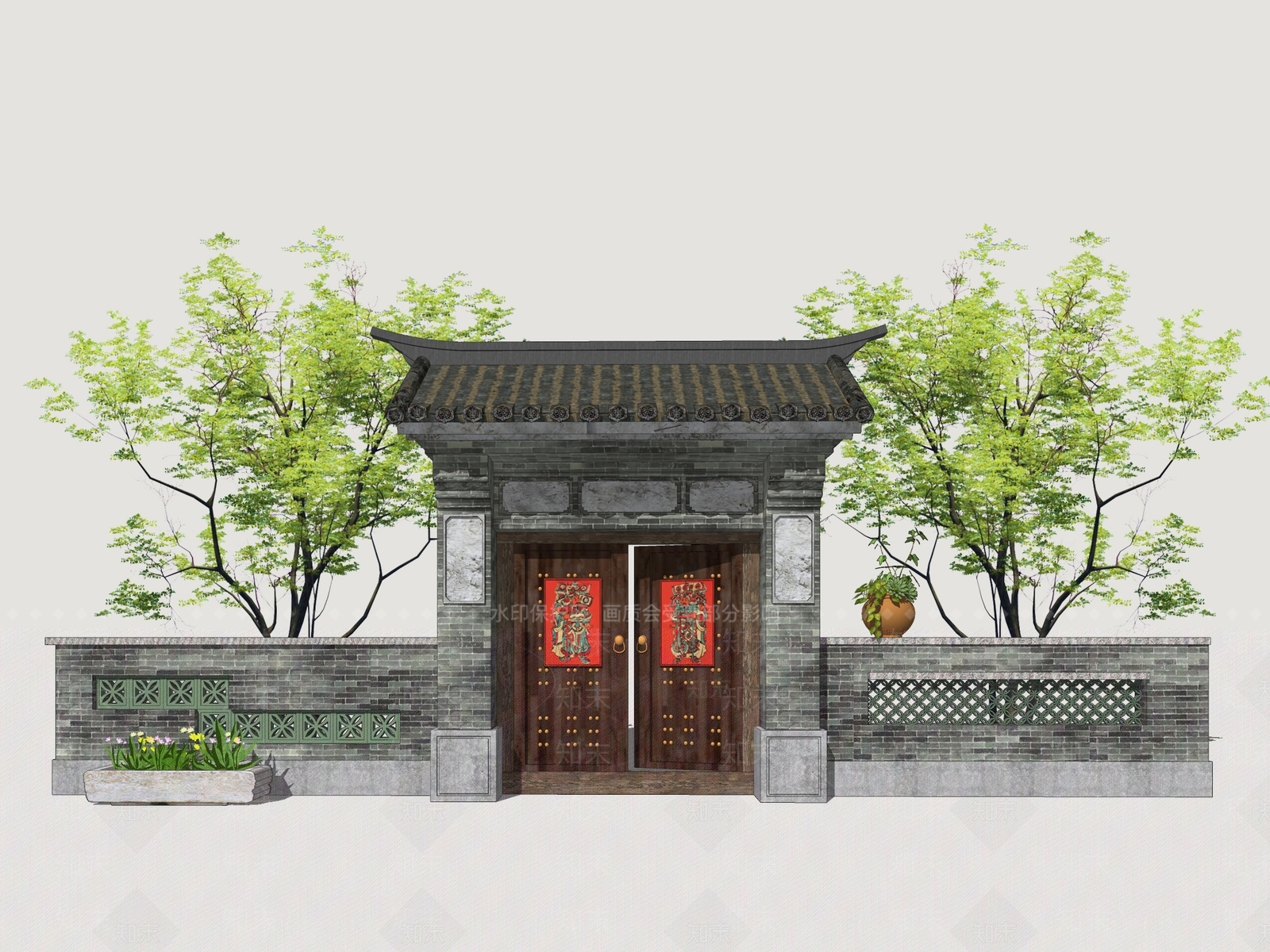 新中式庭院门SU模型下载【ID:1201802871】