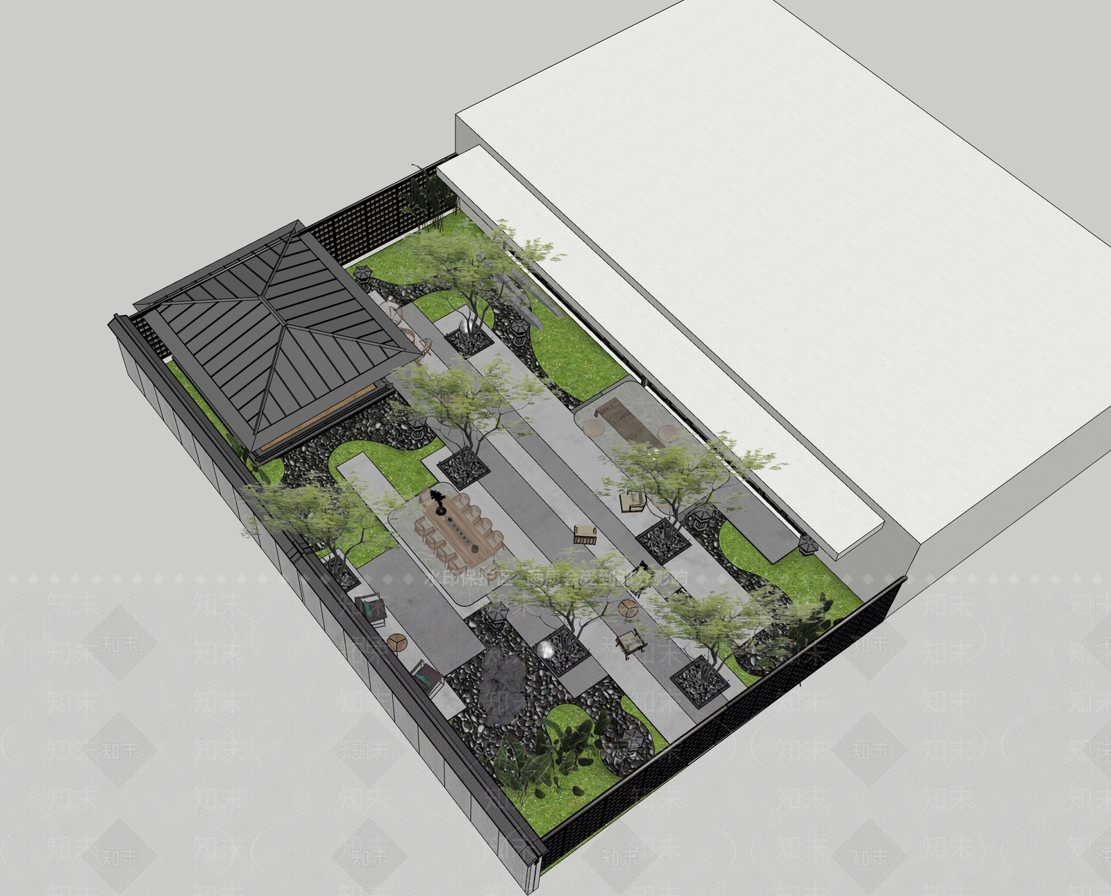 新中式屋顶花园SU模型草图