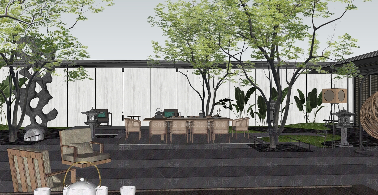 新中式轻奢别墅庭院SU模型下载【ID:1201837942】