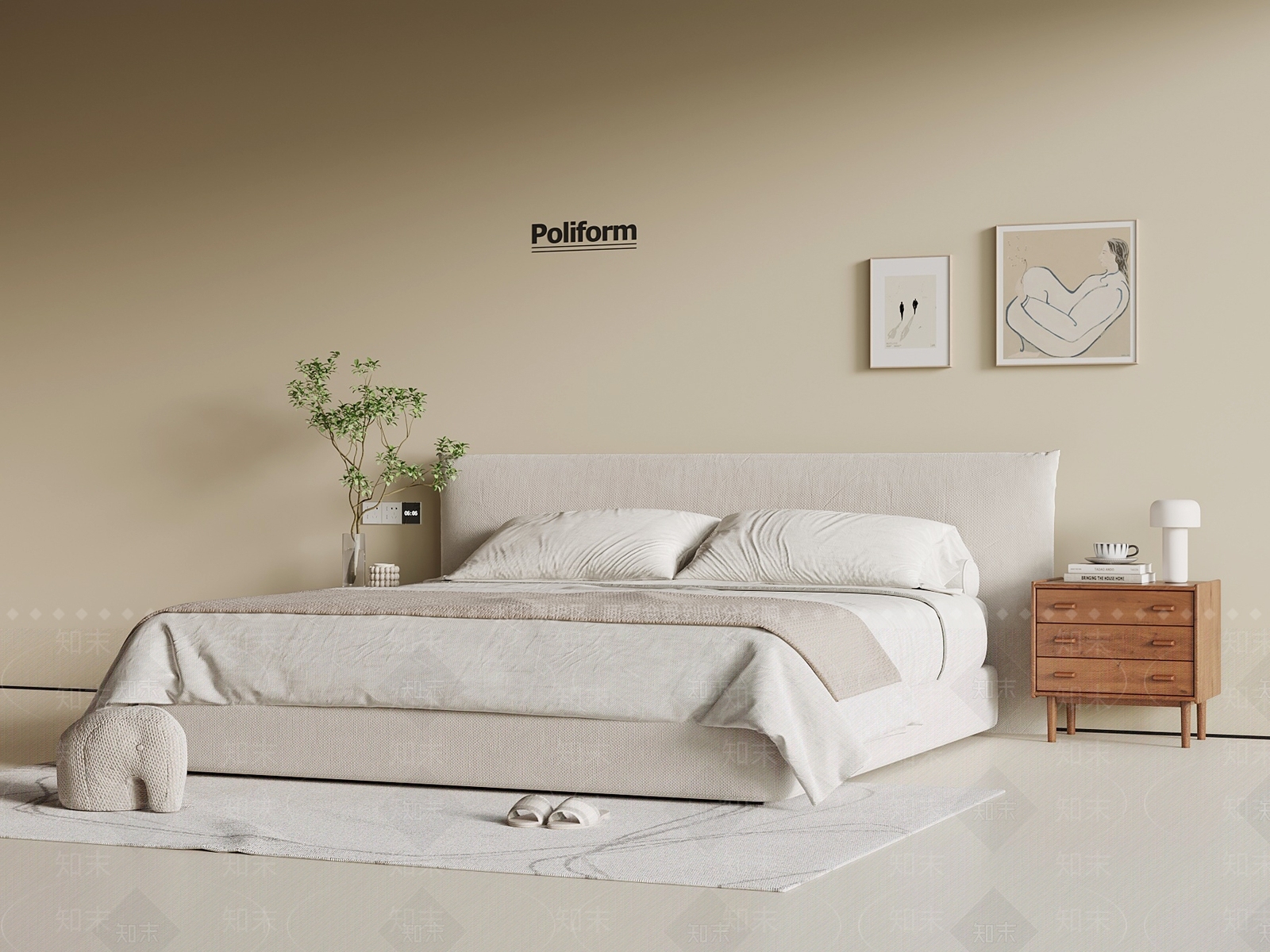 现代奶油双人床SU模型下载【ID:1201846177】