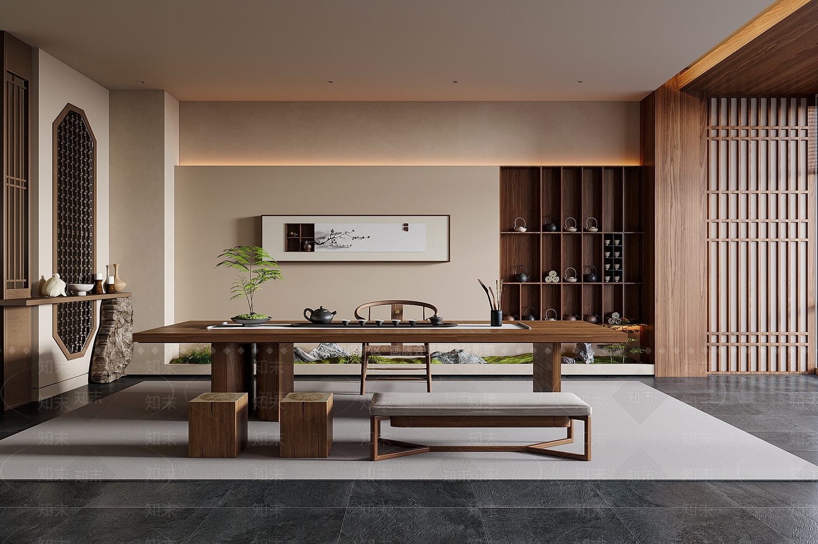 新中式侘寂茶室3D模型下载【ID:1201854333】