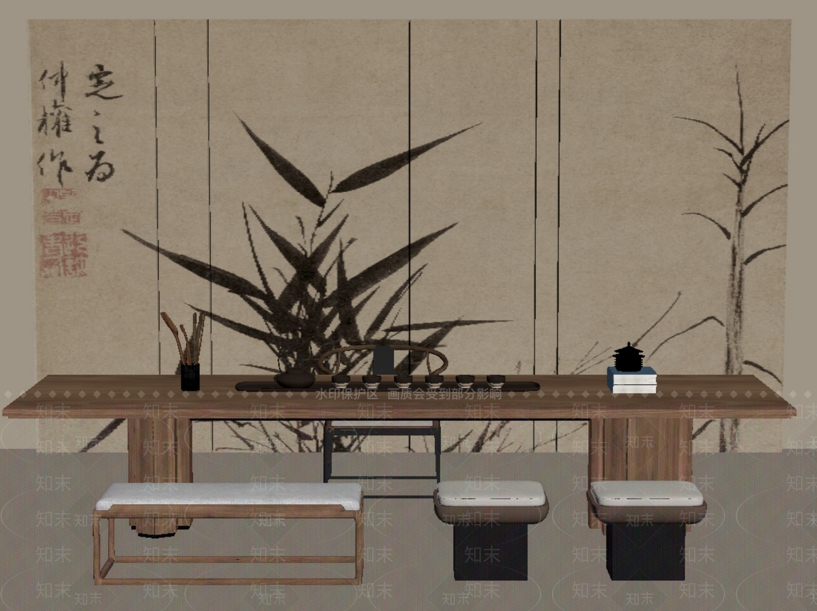 新中式中式茶桌椅SU模型下载【ID:1201866347】