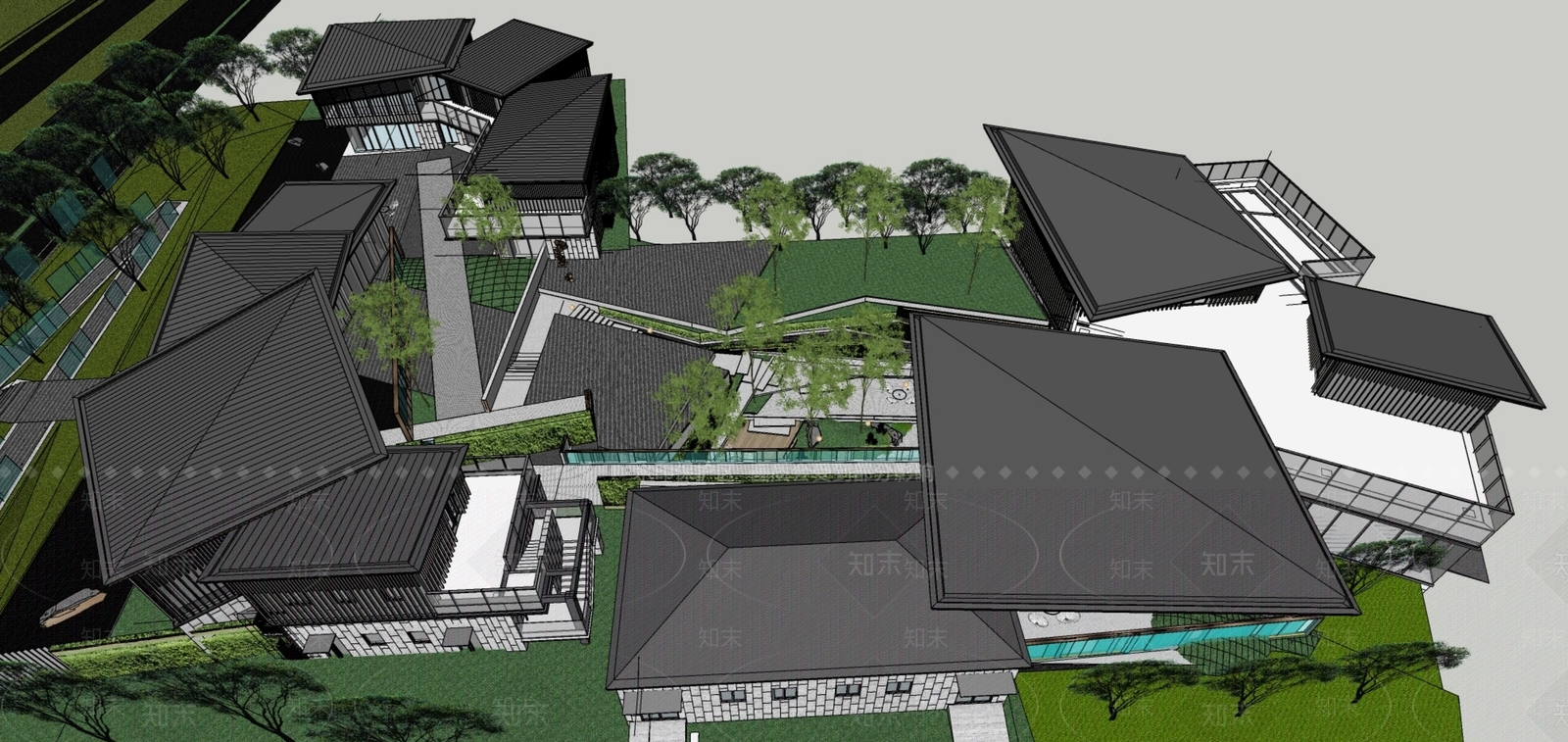 现代新中式售楼处建筑SU模型下载【ID:1201883425】