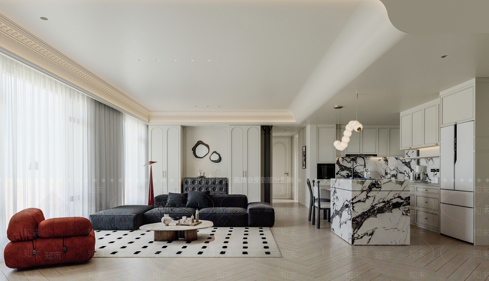 法式奶油大平层客餐厅3D模型下载【ID:1201891318】