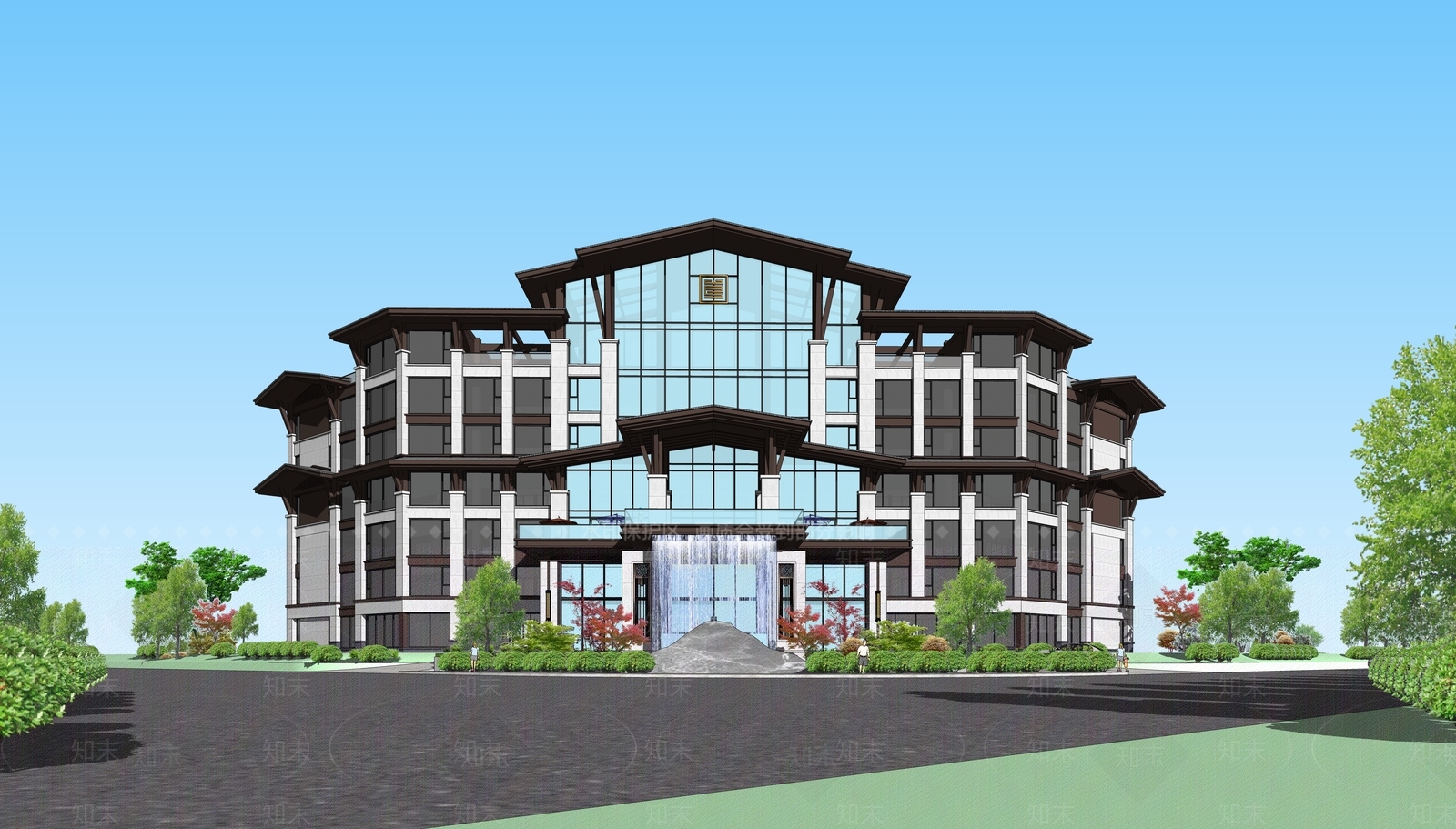 新中式现代风格建筑SU模型下载【ID:1201908136】