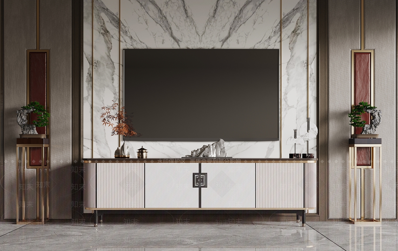 新中式电视背景墙3D模型下载【ID:1201910147】