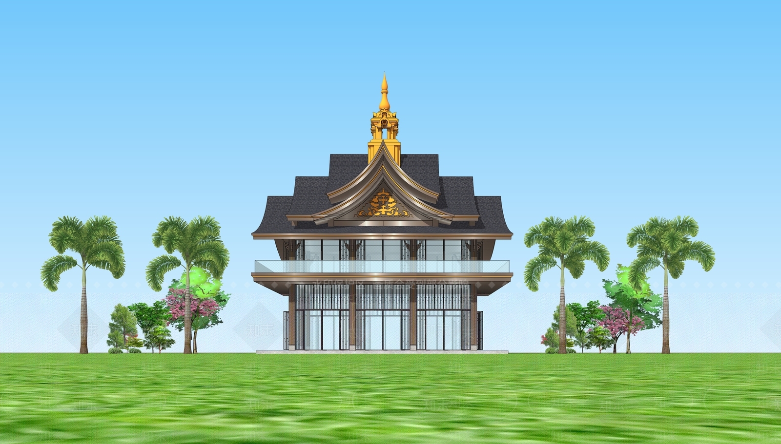 新中式中式风格建筑SU模型下载【ID:1201917594】