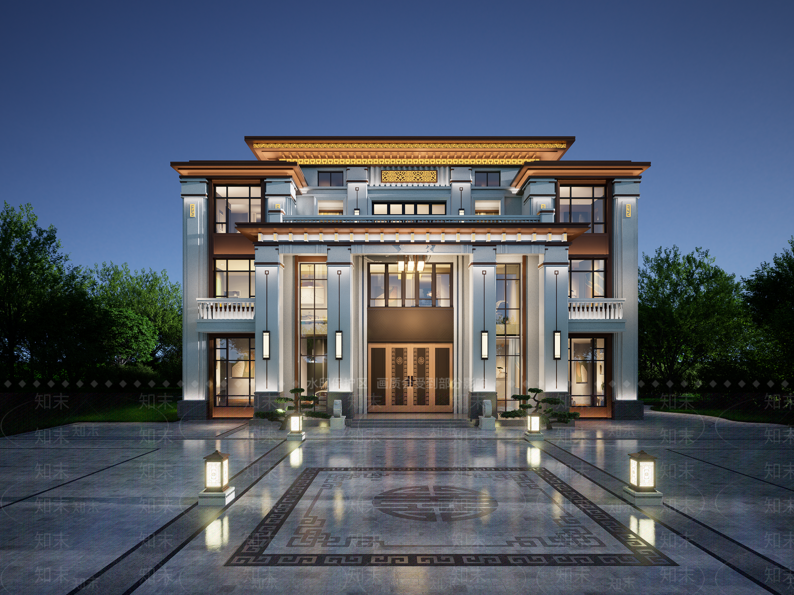 新中式中式独栋别墅SU模型下载【ID:1201926540】
