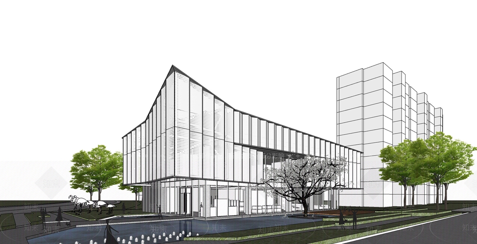 现代售楼处建筑SU模型下载【ID:1201943497】