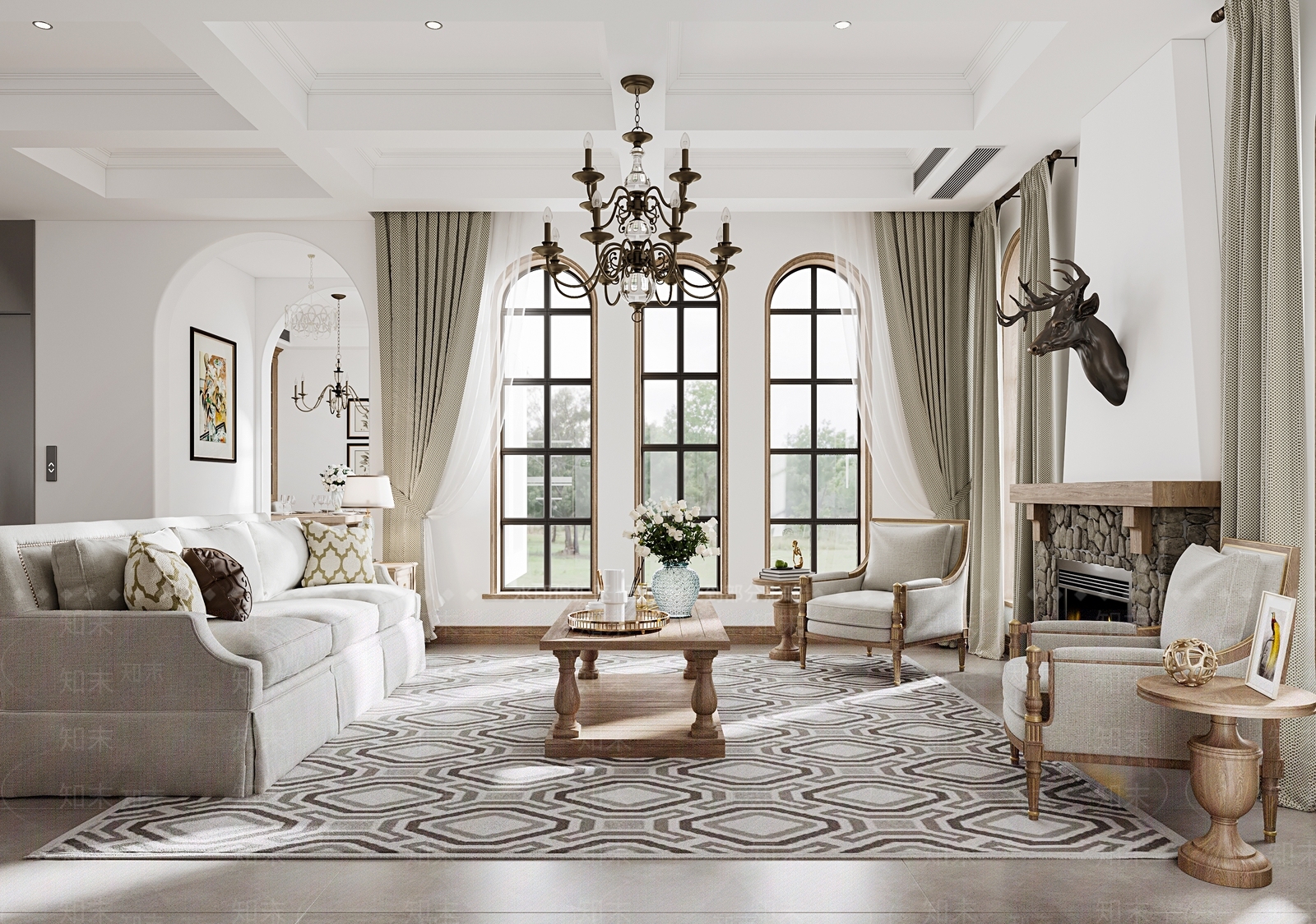 美式原木别墅客厅3D模型下载【ID:1201965131】