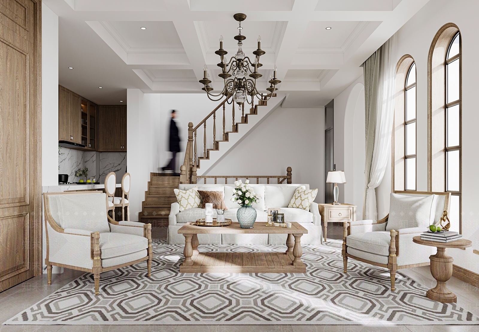 美式原木别墅客厅3D模型下载【ID:1201965131】