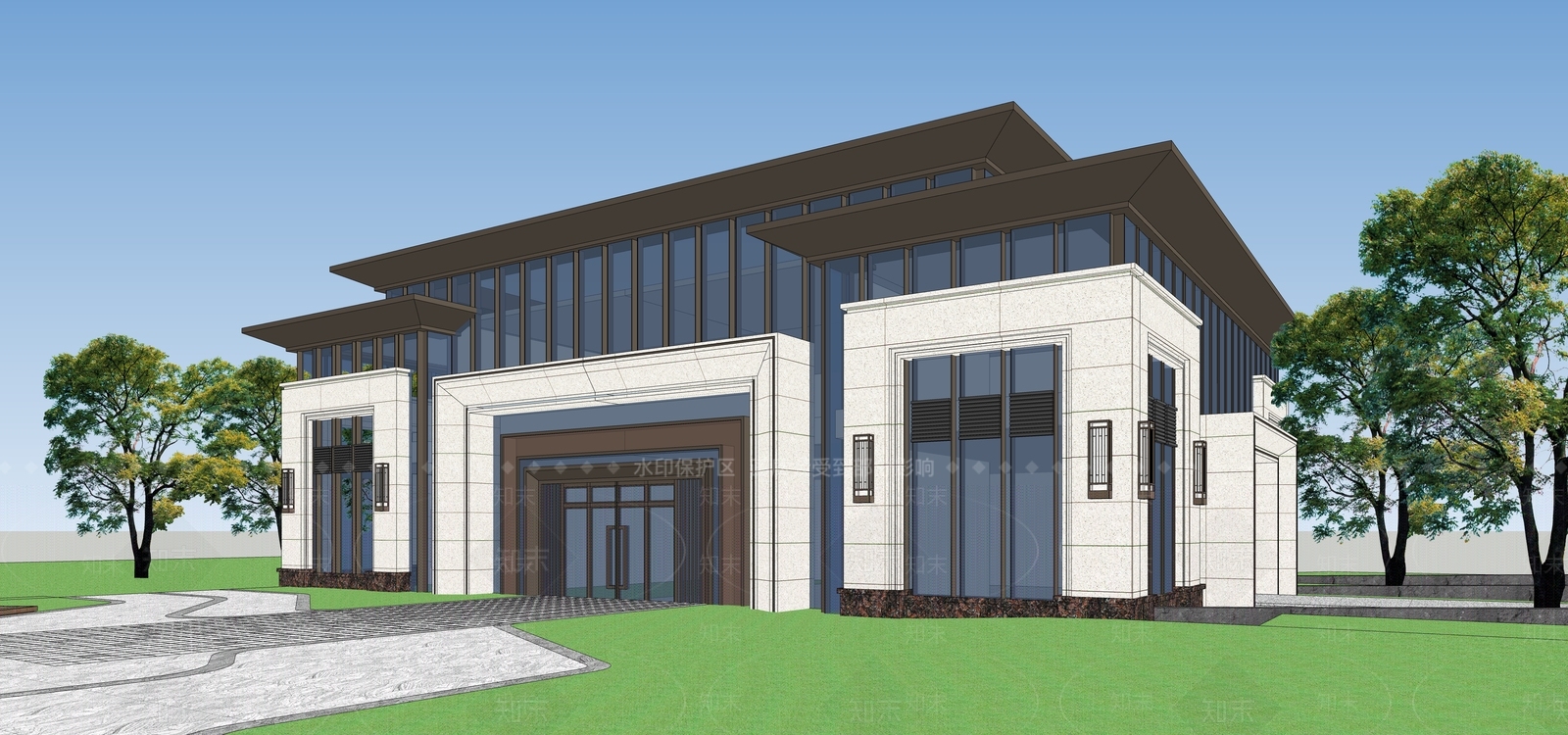 新中式售楼处建筑SU模型下载【ID:1201966182】