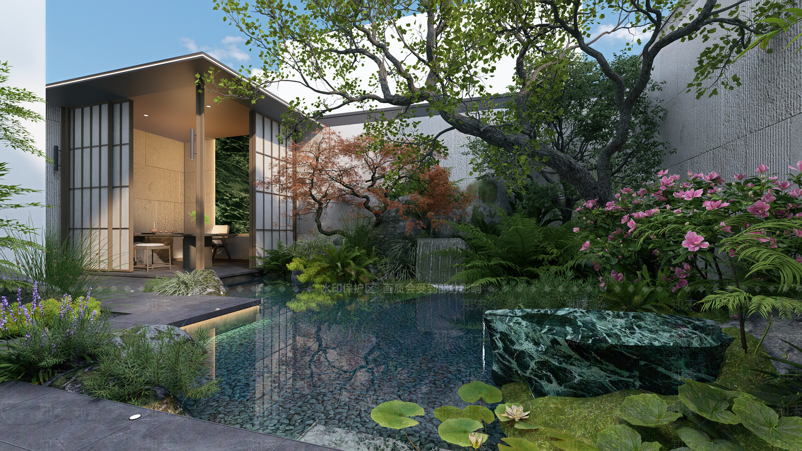 现代日式别墅庭院SU模型下载【ID:1201976999】