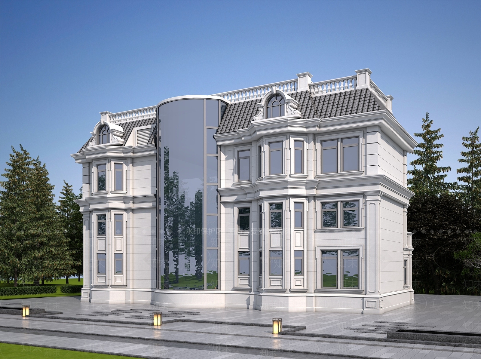 欧式轻奢别墅外观3D模型下载【ID:1201982655】