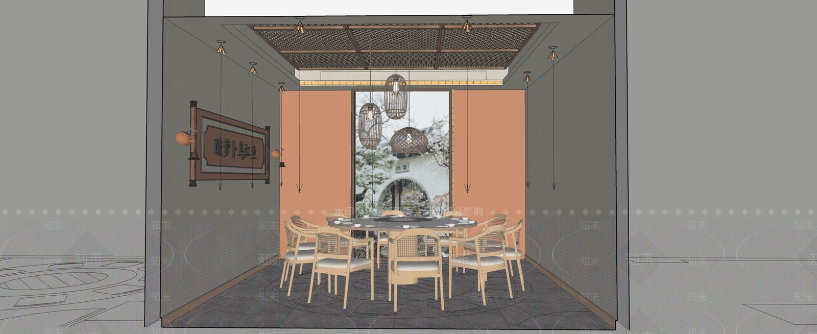 新中式原木包厢SU模型下载【ID:1201990264】