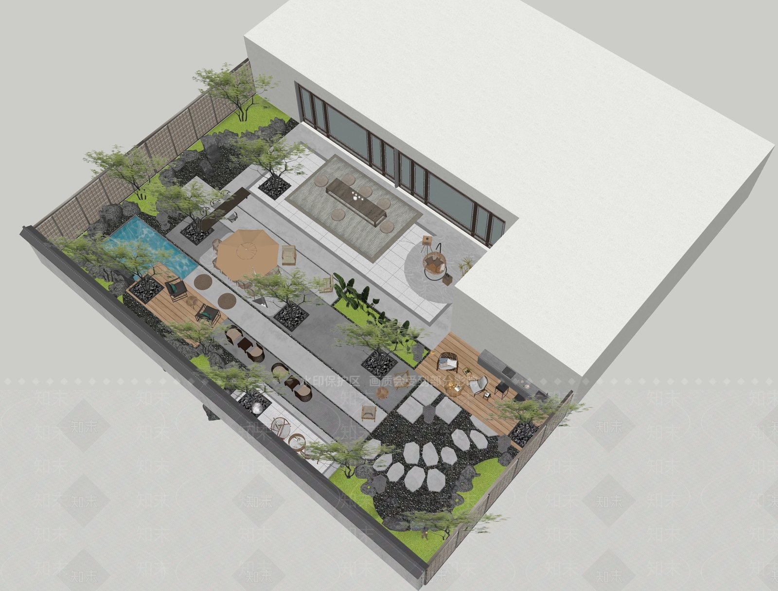 新中式轻奢别墅庭院SU模型下载【ID:1201996697】