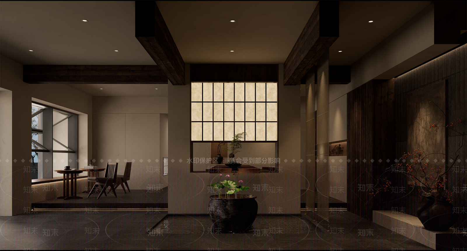 原木新中式民宿大堂SU模型下载【ID:1202021825】