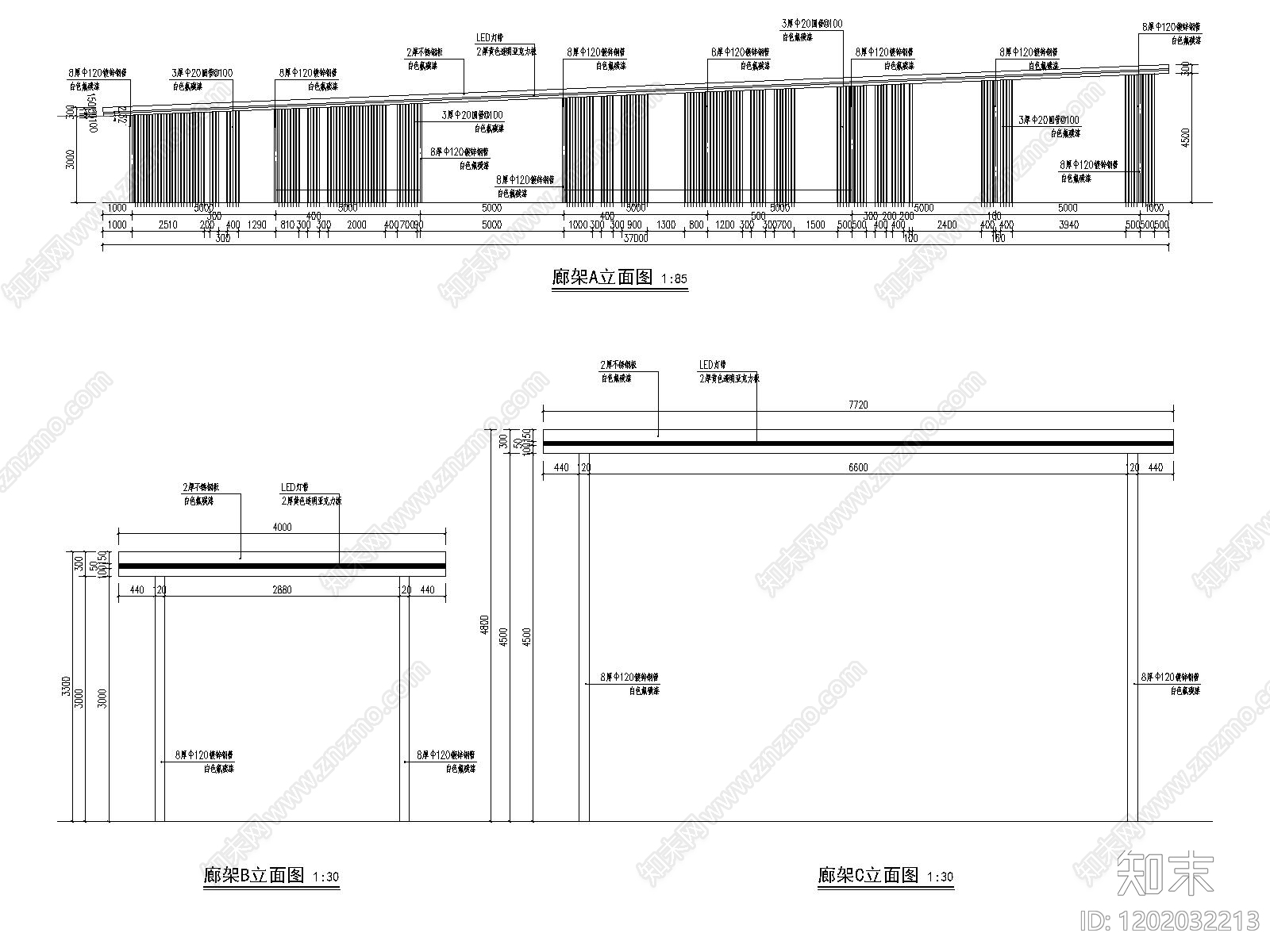 现代廊架cad施工图下载【ID:1202032213】