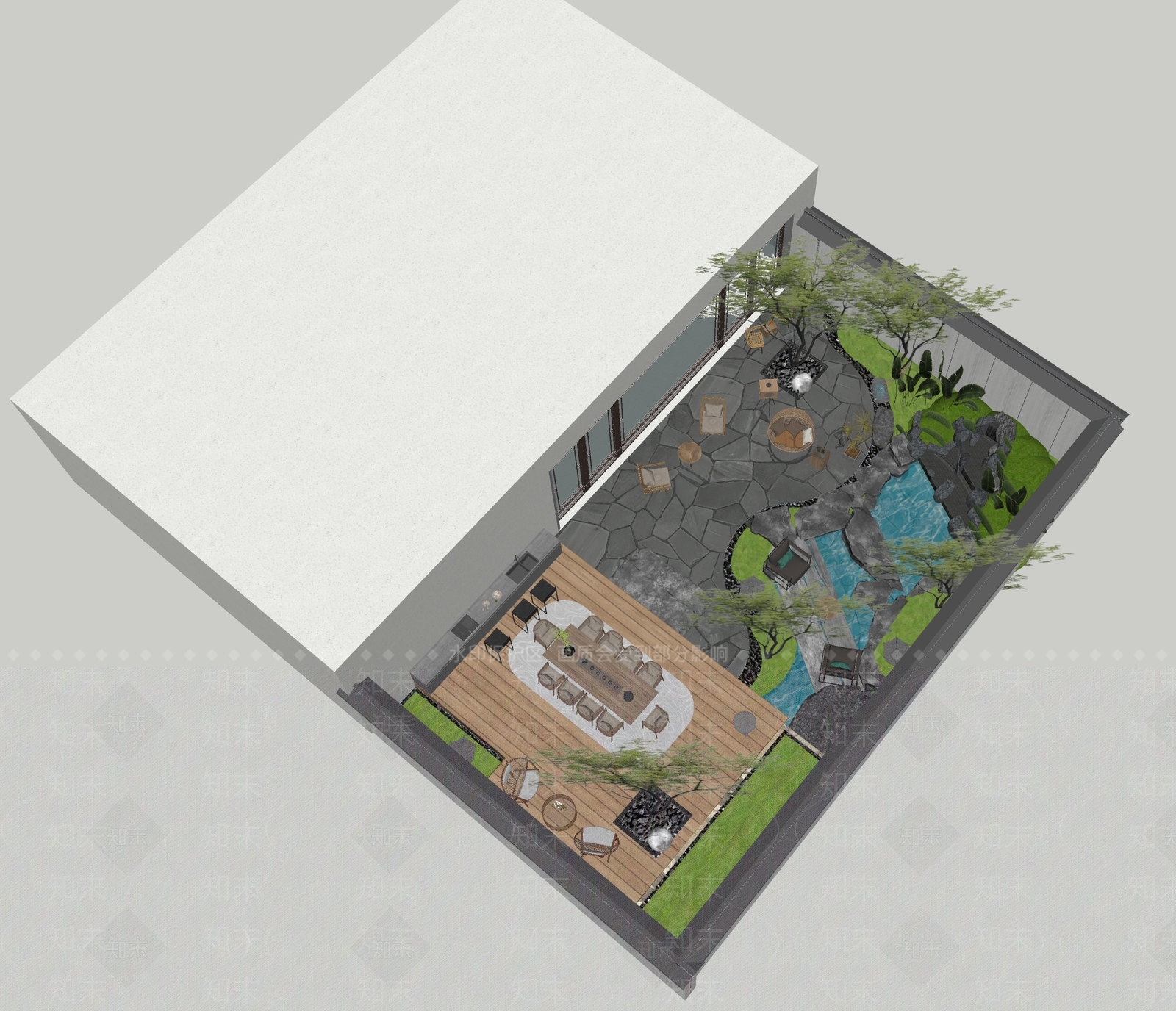 新中式轻奢别墅庭院SU模型下载【ID:1202094621】