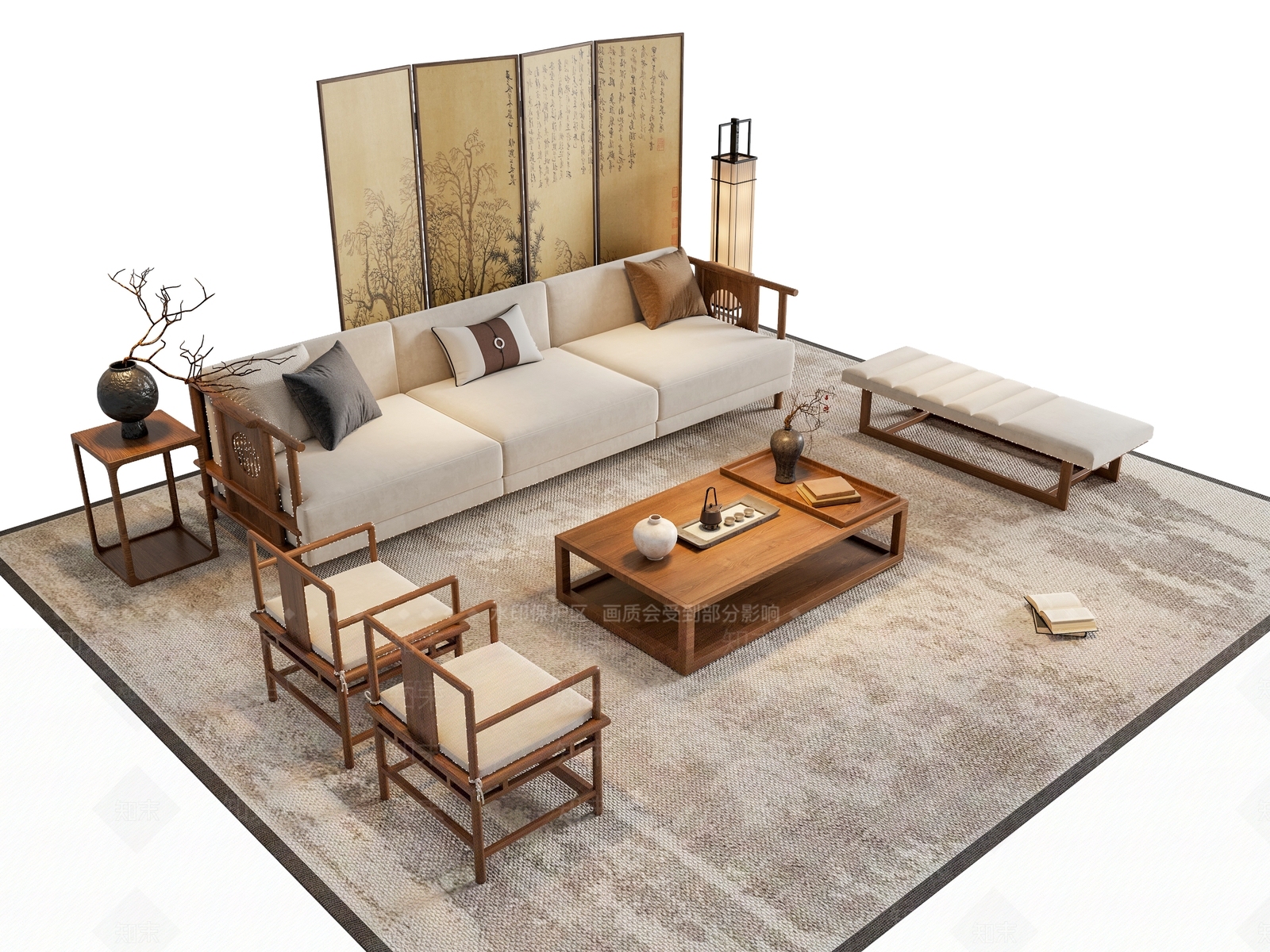 新中式禅意沙发组合SU模型下载【ID:1202277081】
