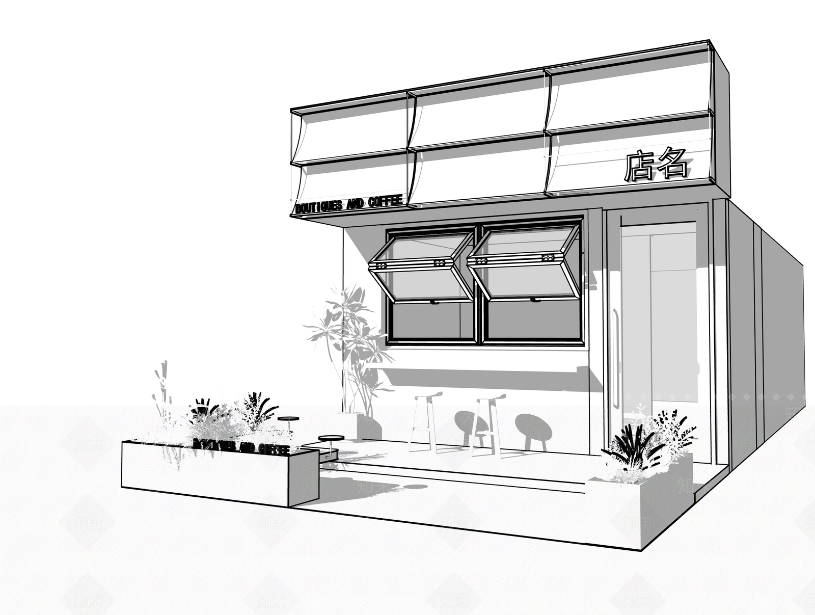 现代原木餐饮建筑SU模型下载【ID:1202281961】