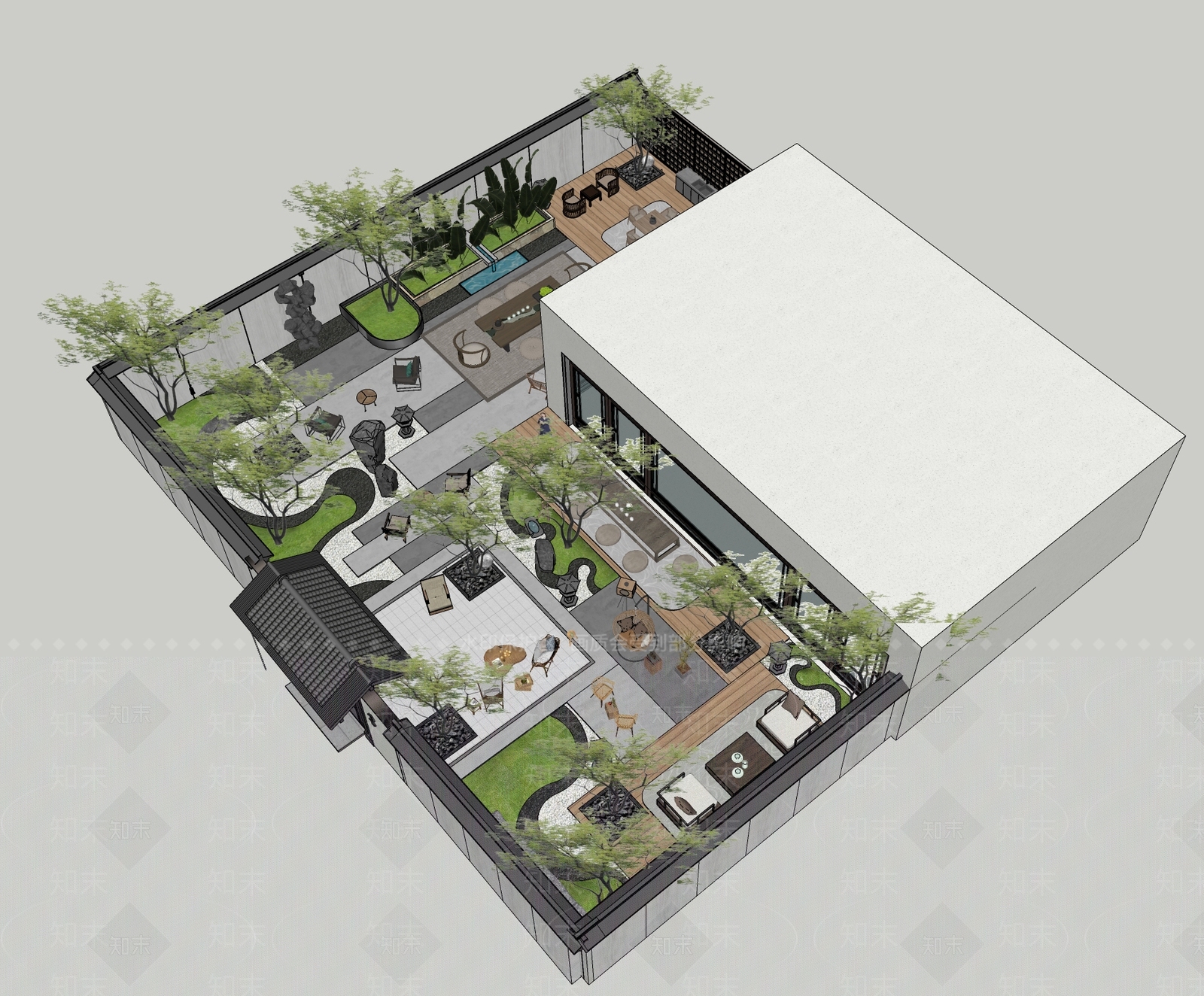 新中式轻奢别墅庭院SU模型下载【ID:1202305775】