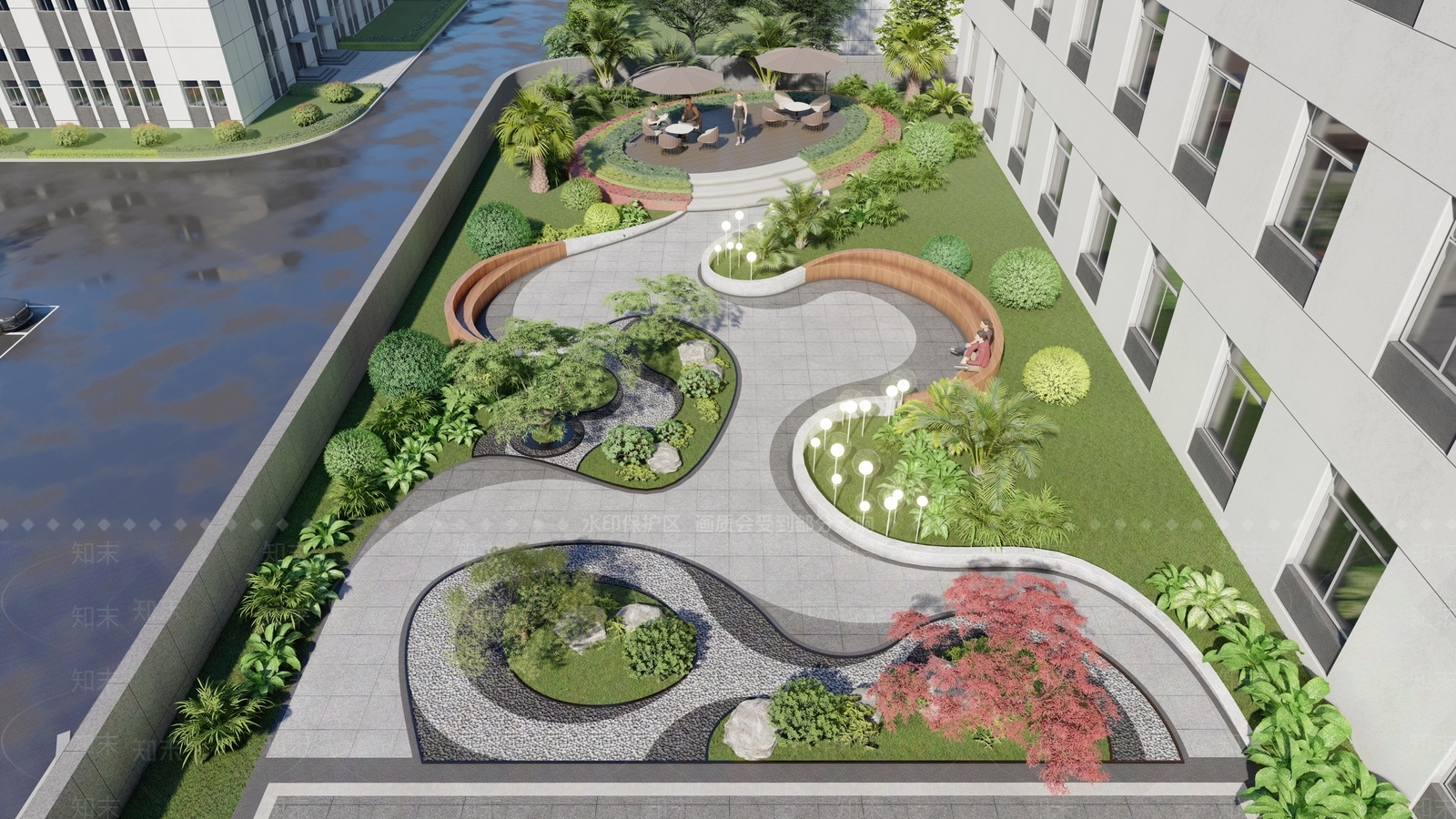 现代新中式屋顶花园SU模型下载【ID:1202338638】