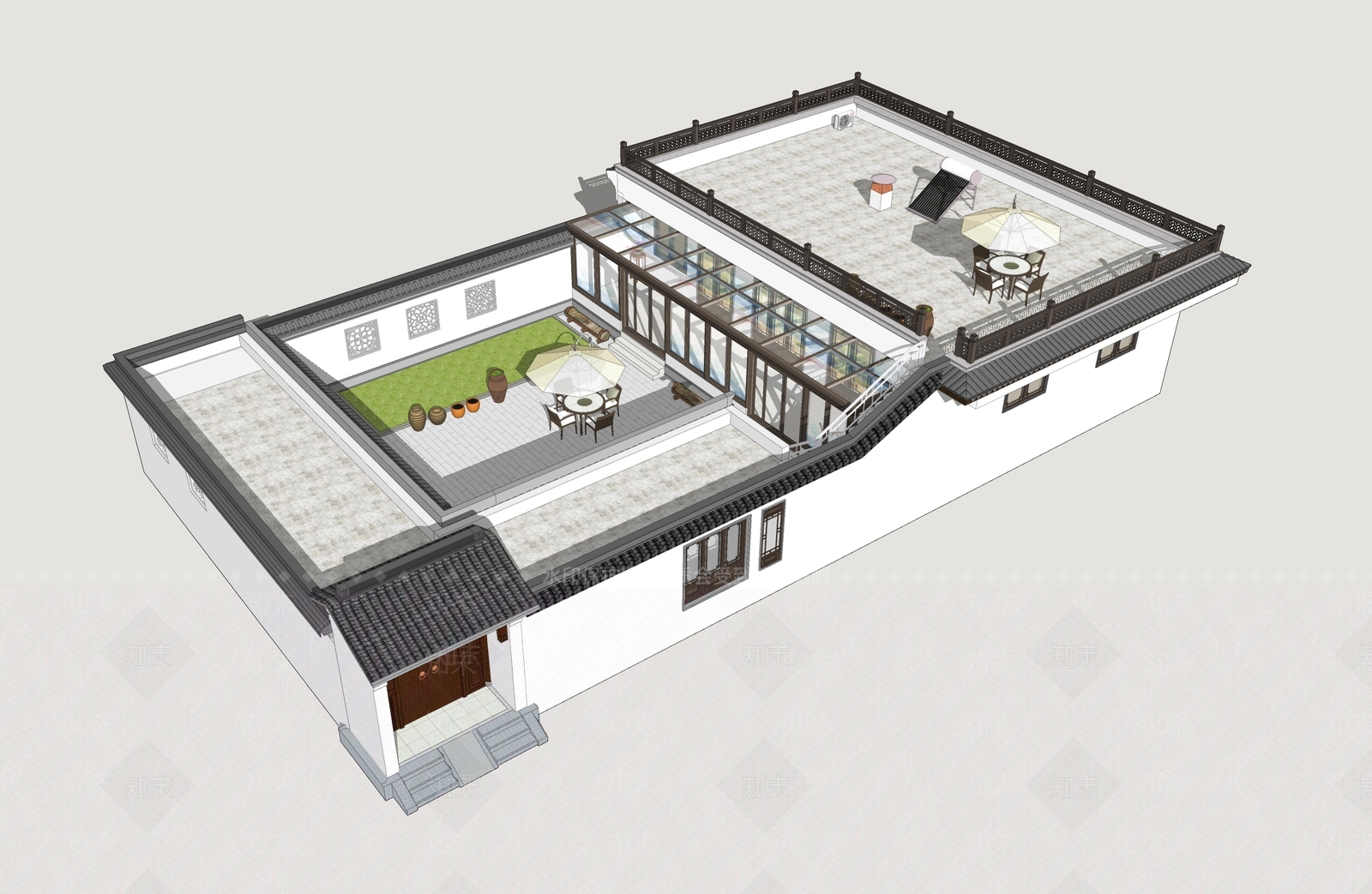 现代新中式四合院SU模型下载【ID:1202345704】