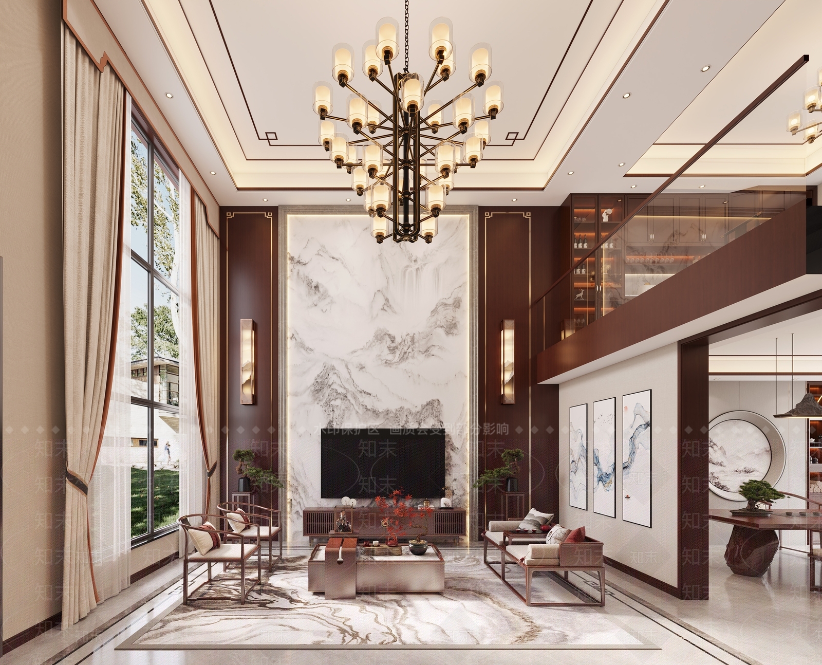 新中式中式别墅客厅3D模型下载【ID:1202352608】