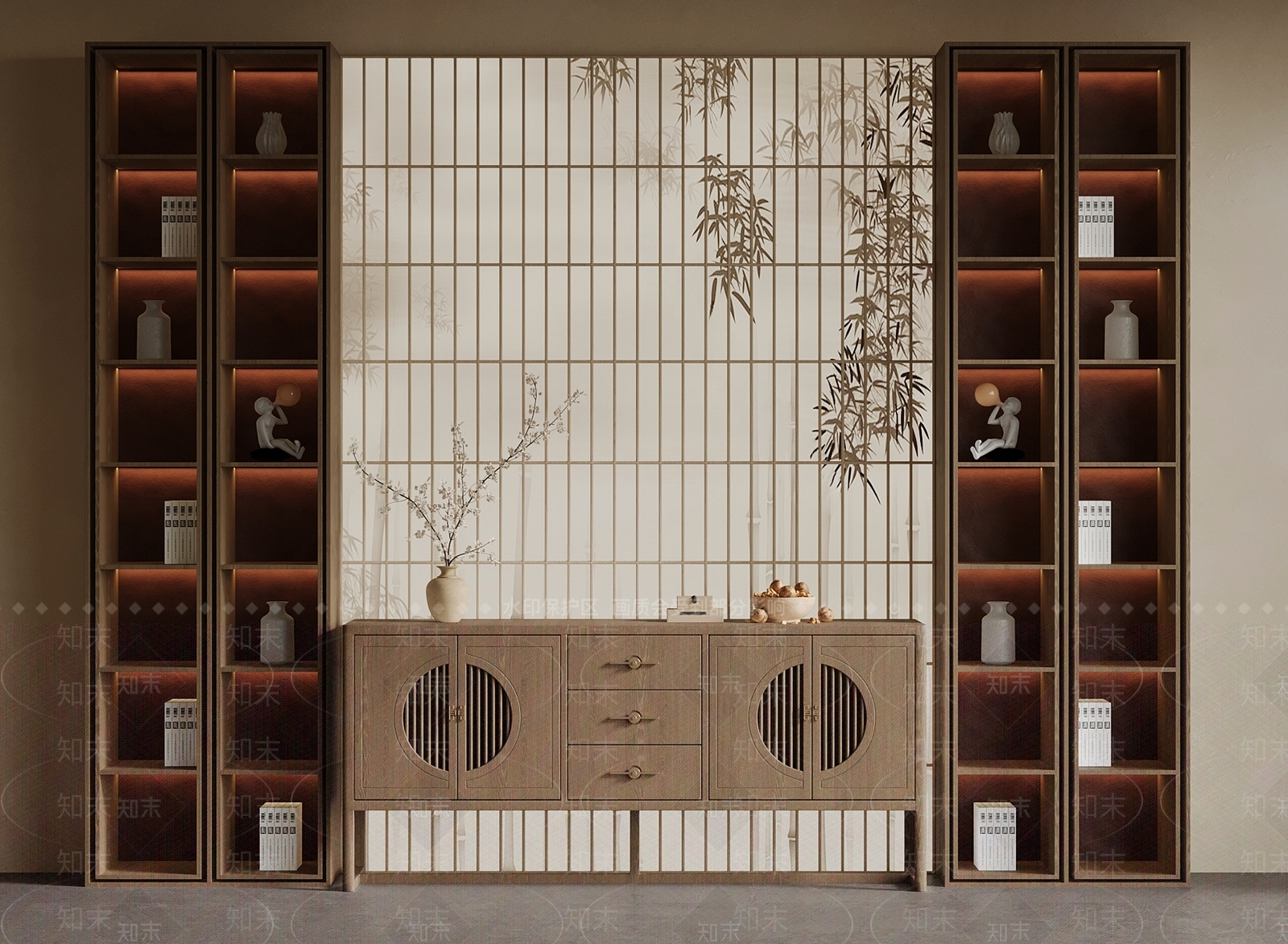 新中式书柜3D模型下载【ID:1202360373】