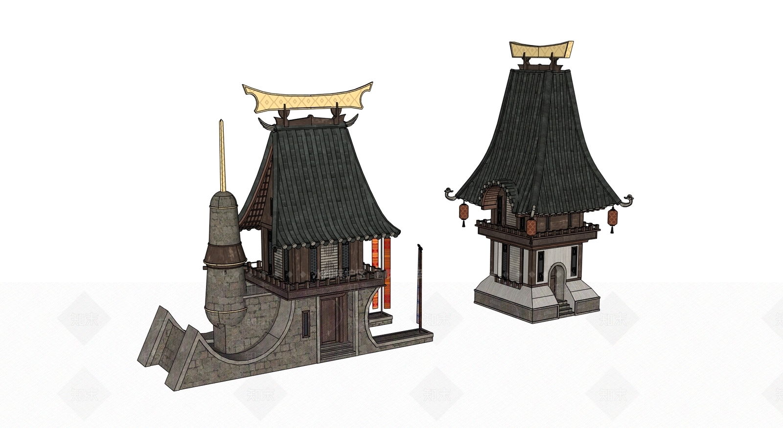 中古古建筑SU模型下载【ID:1202375391】
