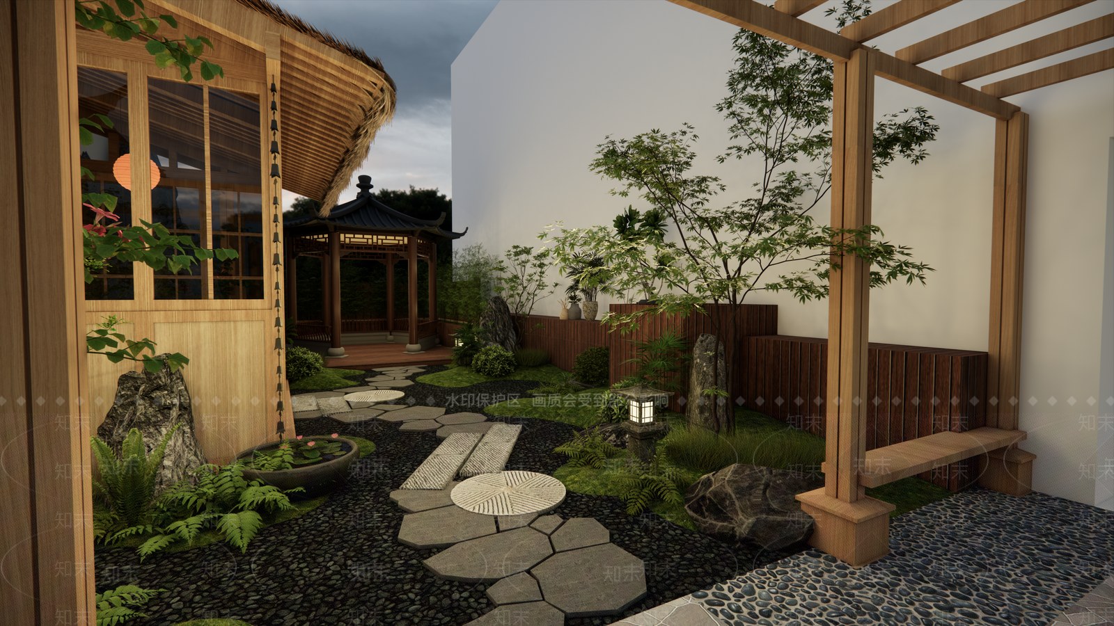 日式原木屋顶花园SU模型下载【ID:1202409348】