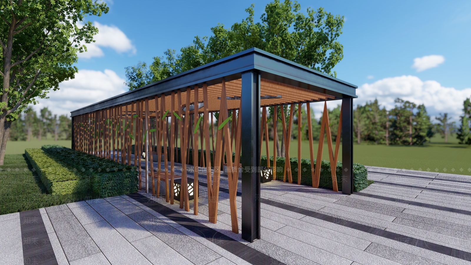 现代原木廊架SU模型下载【ID:1202385875】