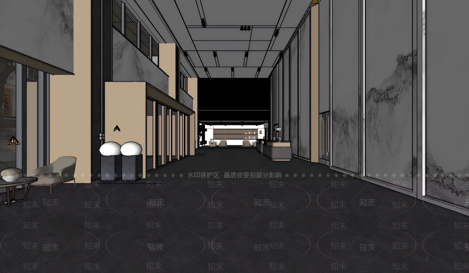 现代新中式酒店大堂SU模型下载【ID:1202387817】