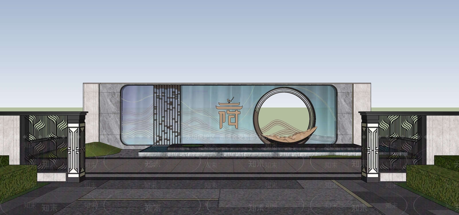现代新中式景墙SU模型下载【ID:1202389333】