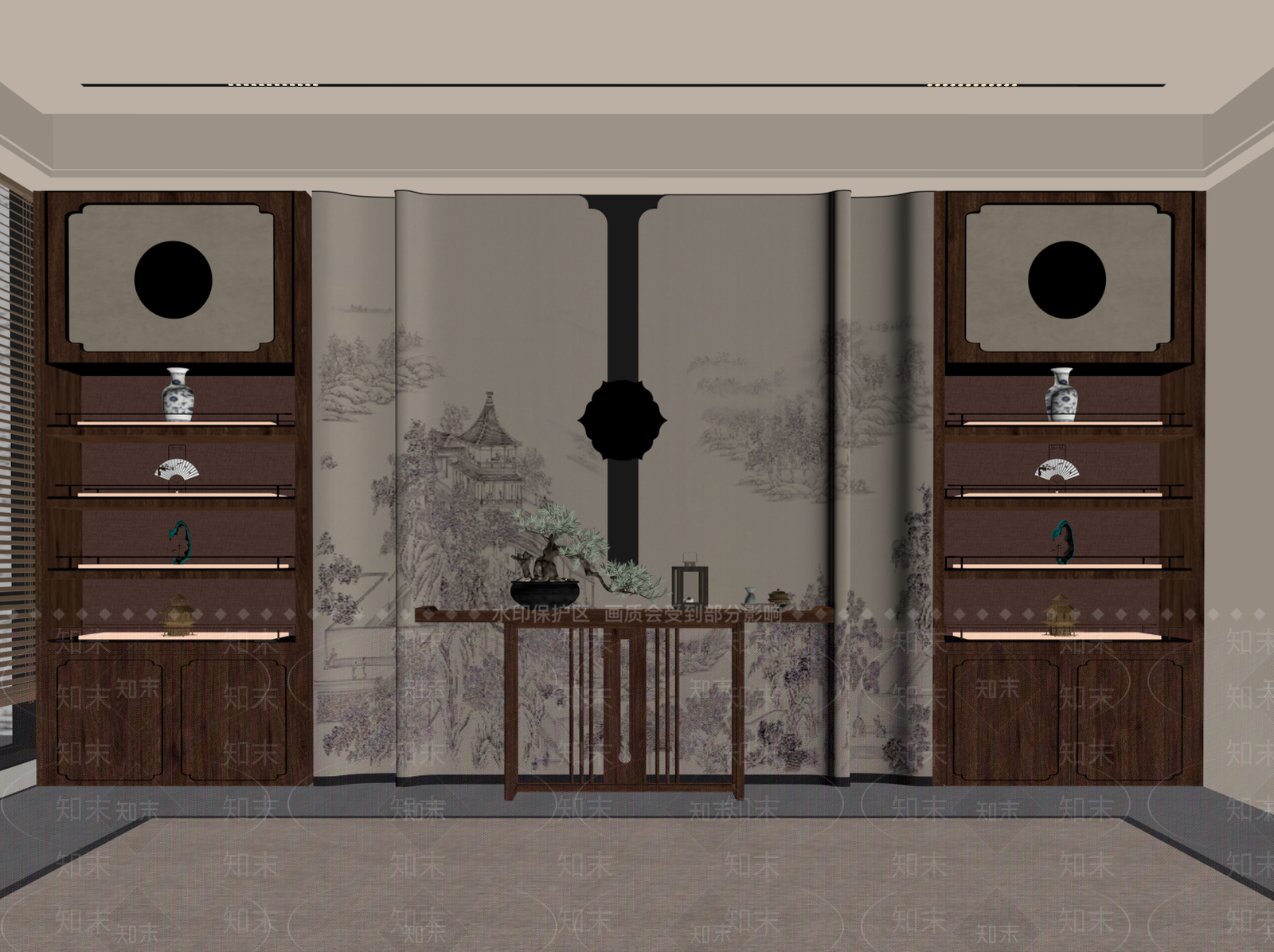 新中式背景墙SU模型下载【ID:1202391921】