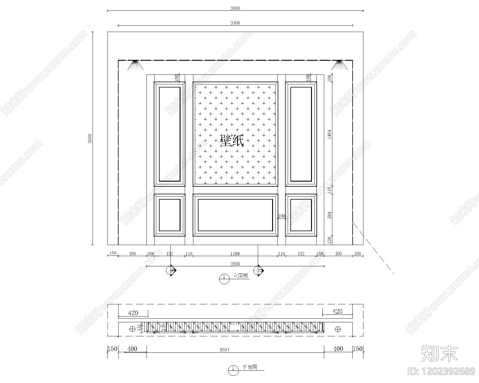 欧式背景墙施工图下载【ID:1202392689】